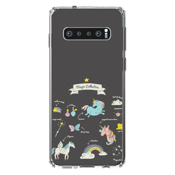 DistinctInk Clear Shockproof Hybrid Case for Samsung Galaxy S10  PLUS(6.4" Screen) - TPU Bumper, Acrylic Back, Tempered Glass Screen Protector - Magic Collection Grey- Unicorn, Rainbow