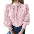 thumbnail image 2 of PiGOGI Women's Elegant Lace Shirts Solid Color Round Neck Blouse - Long Sleeve Button Down Tops Pink XXXL, 2 of 6