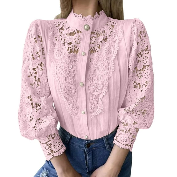 Sexlip Womens Lace Blouse Long Sleeve Puff Shoulder Design Sheer Fabric Flowy Silhouette for Evening Occasions Pink XXL