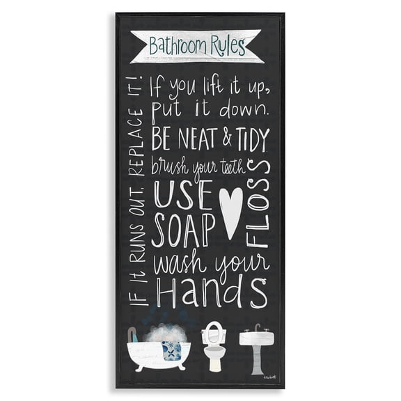 Stupell Industries Cottage Whimsical Bathroom Rules Sign Black Framed Giclee Art, 13 x 30, by Katie Doucette