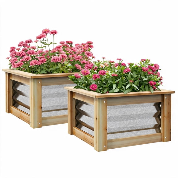 Raised Garden Bed Set of 2, Galvanized Metal Planter Box with Wood Frame, Outdoor Stock Tanks for Flowers, Herbs and Vegetables