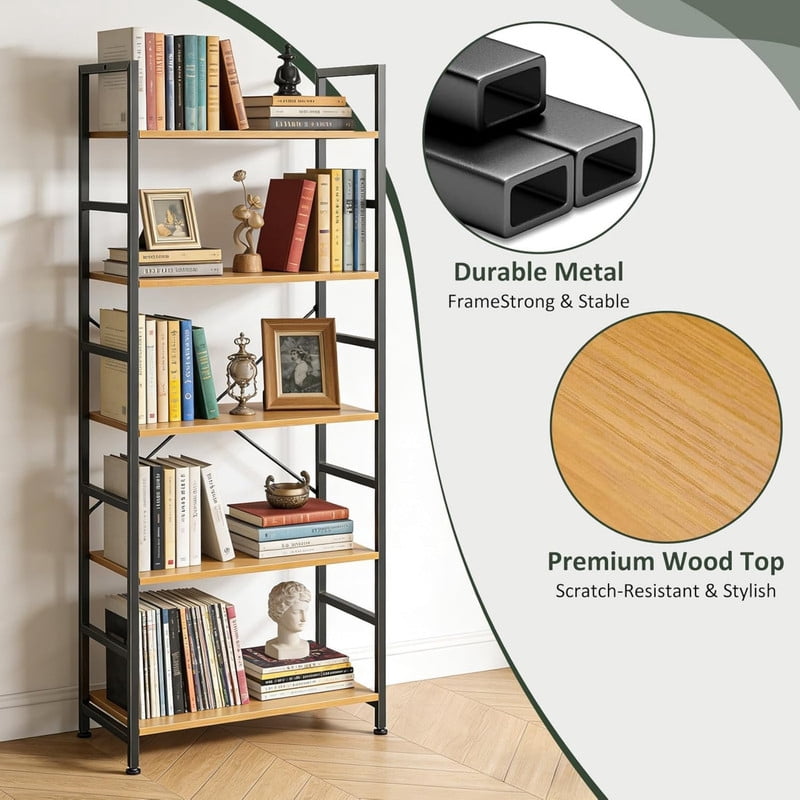 Kelno 5-Tier Bookshelf 62"x24" Industrial Storage Shelf Free Standing Bookcase Metal Frame Bookcase with Open Storage Shelves,Light Oak