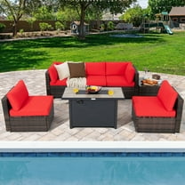 Gymax 7PCS Patio Rattan Furniture Set Fire Pit Table Cover Cushion Red