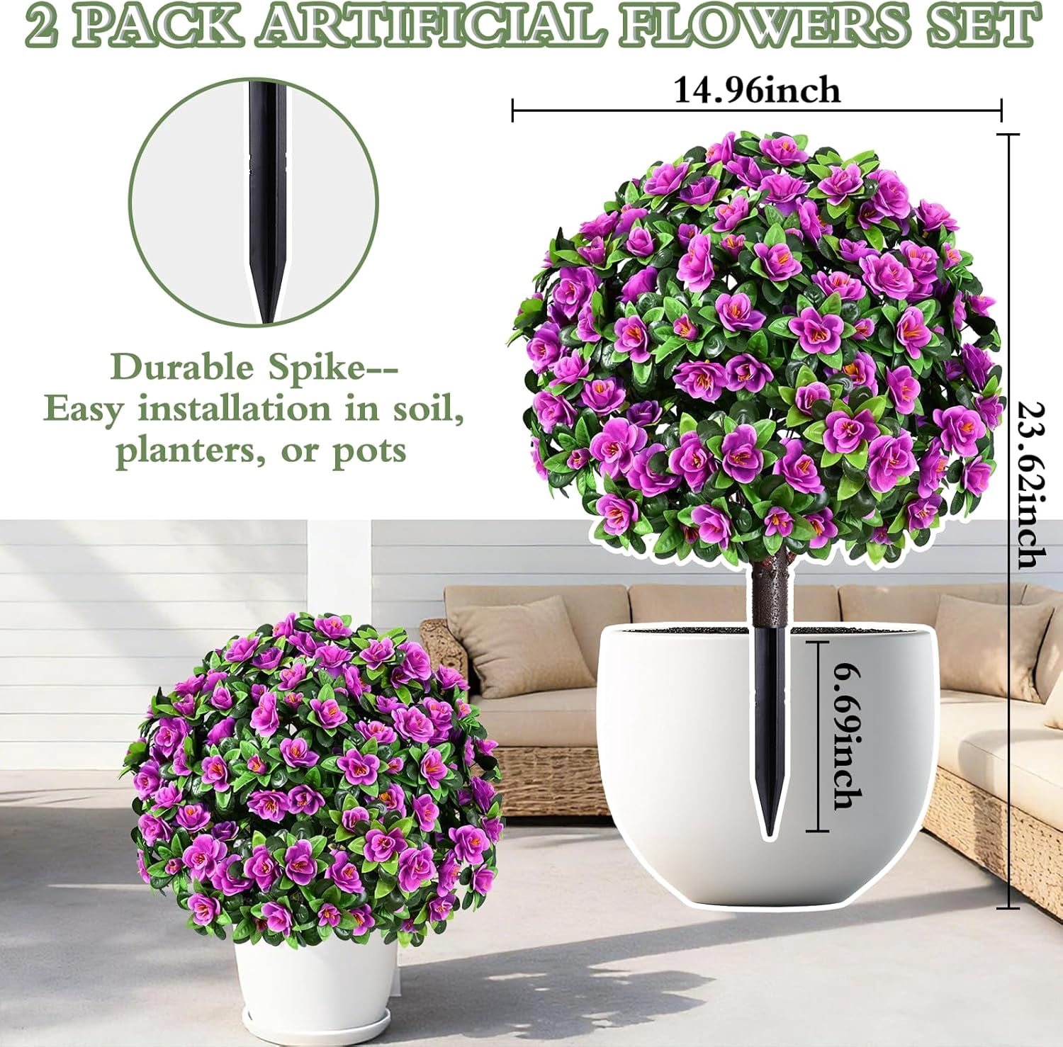Yastouay 2 Pack Artificial Flowers Topiary with Ground Spikes Fake Bushes UV Resistant Faux Shrubs for Outdoor Garden Decor(Purple)