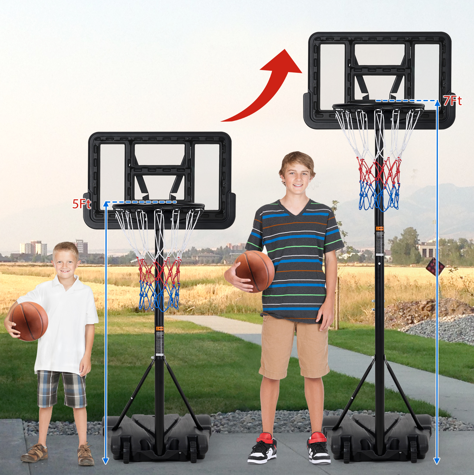 Portable Kids Basketball Hoop, Adjustable Height Indoor Outdoor Play Set with PVC Backboard & Steel Pole, Includes Basketball Pump for Boys Girls