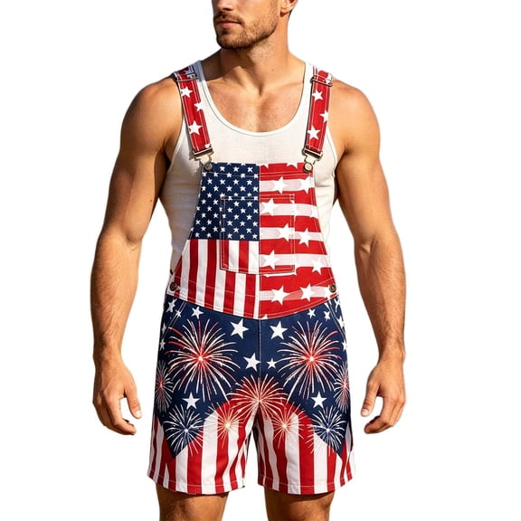 Men American Flag Printed Bib Shorts Overalls 250th Anniversary Holiday Festival Stylish Coveralls 5XL
