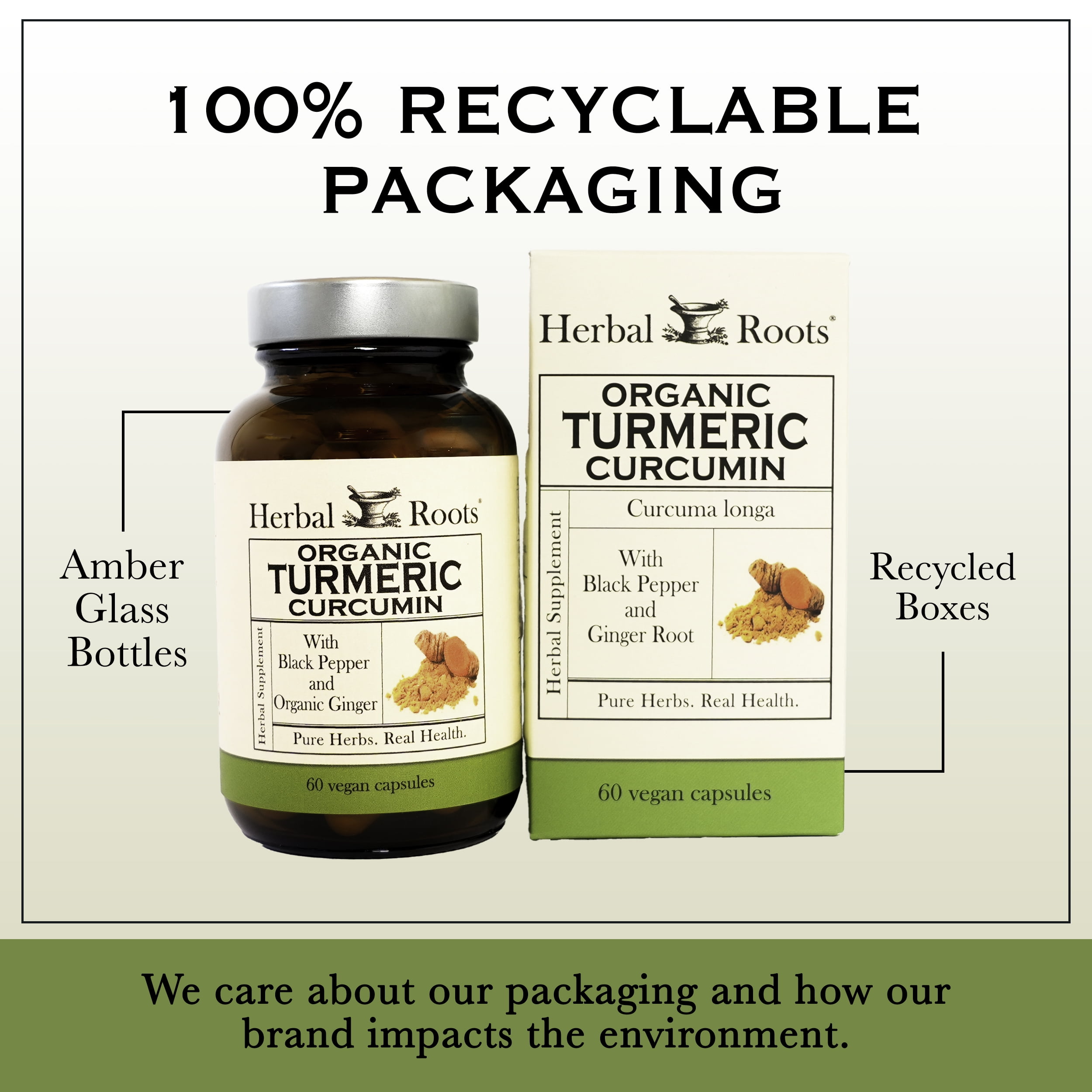 Herbal Roots Organic Turmeric Curcuminoids Supplement with Bioperine, 60 Vegan Capsules