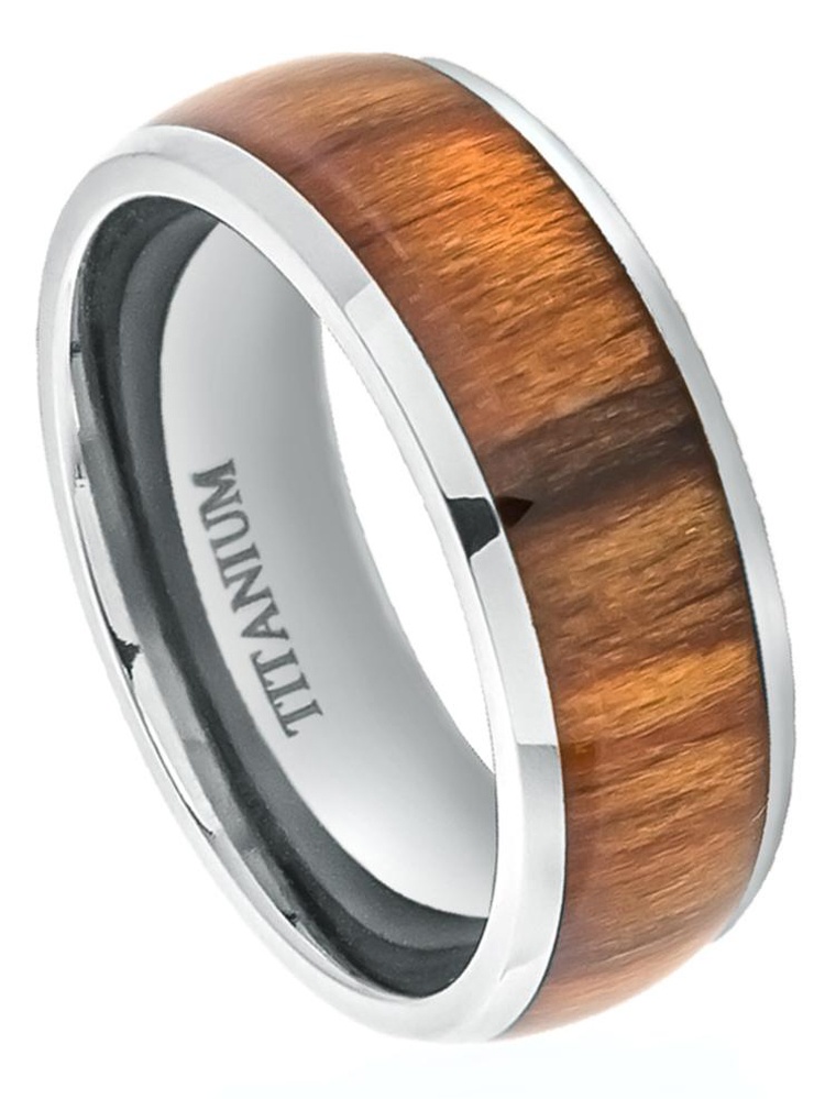 Tungsten Jeweler 8mm Titanium High Polished Domed with Santos Rosewood Inlay Wedding Band Ring