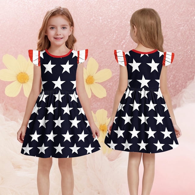 QTBIUQ Robe d'Été pour Fille, Imprimé de la Fête de l'Indépendance, Col Rond, Patchwork, Petite Manche Courte, Taille Courte Cintrée, Polyvalente, Vacances, Fête, Jeu, Décontractée, Ensemble Quotidien, Style Mignon et à la Mode (Bleu, 13 Ans)