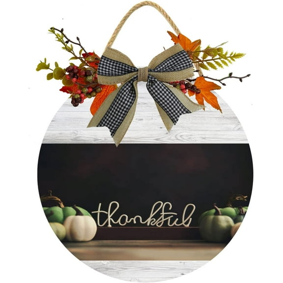 Eveokoki 12" Thankful Wood Sign Hanging Front Door Sign Fall Wooden Wall Art Sign Hanging Hello Fall Porch Sign Rustic Wood Decor for Thanksgiving Day Autumn Party Decor
