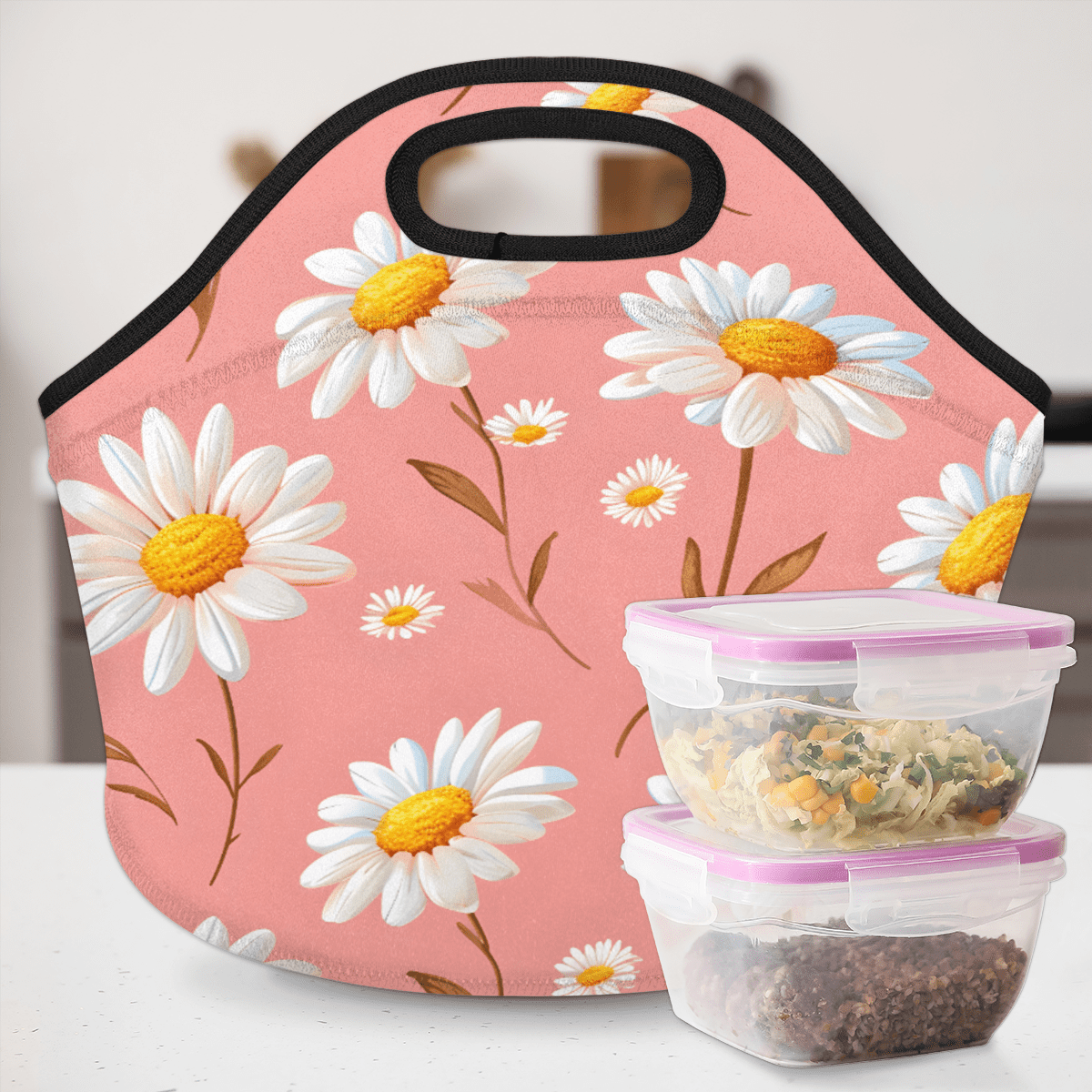 Herdesigns Pink Floral Neoprene Lunch Bag, Daisy Insulated Lunch Box for Women Men Washable Lunch Tote Soft Lunch Container With Zipper for Work Picnic Travel