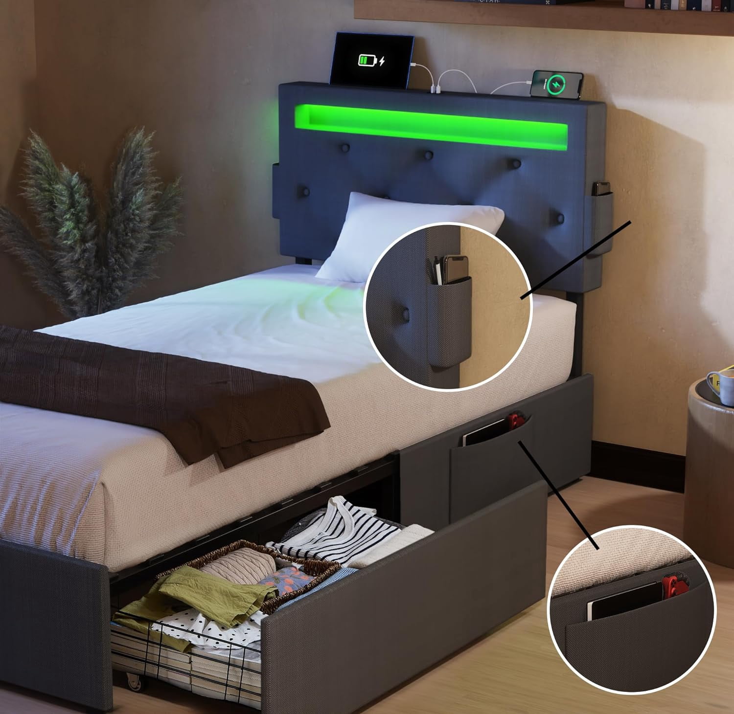 Miniyam Upholstered Twin Size Bed with USB Charging Station, LED Lights, Storage Drawers, Dark Gray