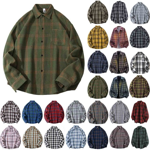 BiZtdJrK Mens Long Sleeve Shirts Buffalo Plaid Button Down Blouse Tops Casual Turndown Collar Shacket with Pocket, Coffee, XXL