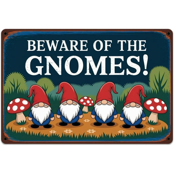 Gnomes Beware tin sign, Vintage Garden Gnomes Metal Sign print Aesthetic Room Decoration for Home Bedroom Kitchen Bar Coffee Bathroom Indoor Outdoor Wall Decor, 8 X 12 IN