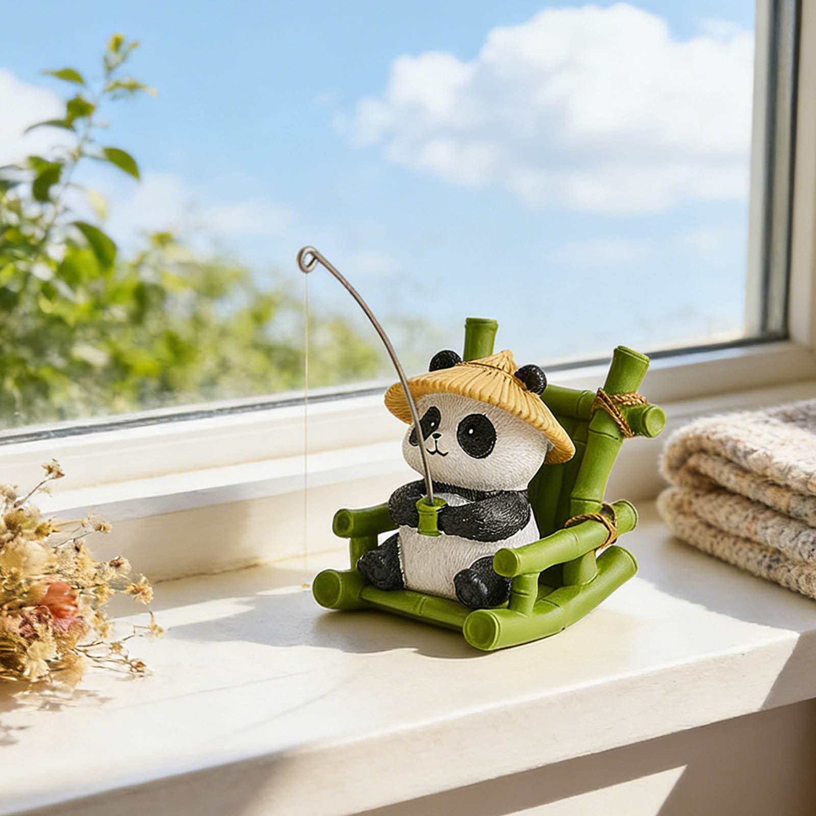 Cute Panda Fisher Sculpture - Funny Fishing Panda Statue for Aquarium Tank, Garden Patio Decor, Animal Landscape Ornament and Panda Figurine Collectible