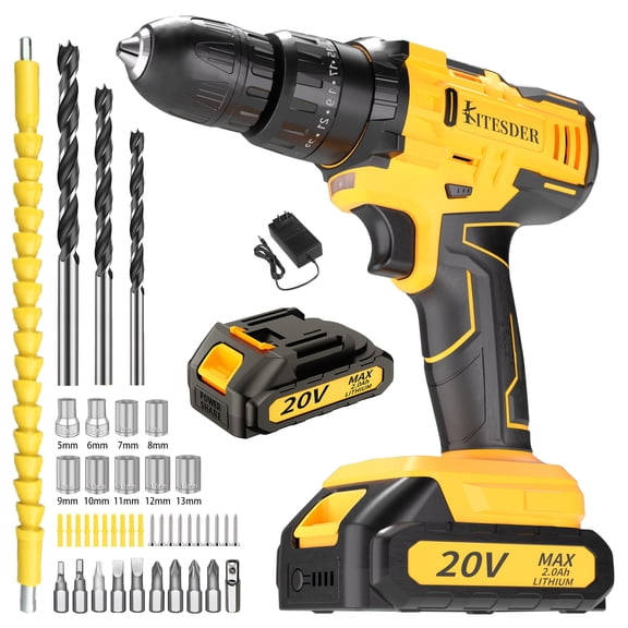20V Cordless Impact Drill, 45Nm 2-Speed with LED Light, 48/54Pcs Tool Kit, for Home Repair Construction