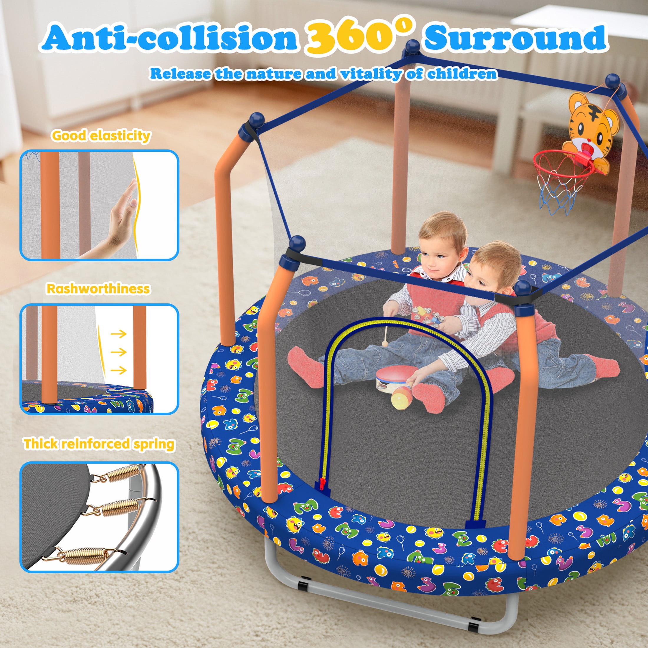 Toddler Trampoline with Basketball Hoop on Clearance for Kids, SEGMART 55" Kids Round Trampoline with Enclosure Net, Heavy Duty Outdoor Recreational Small Trampoline with Ball, Gift for Boys Girls