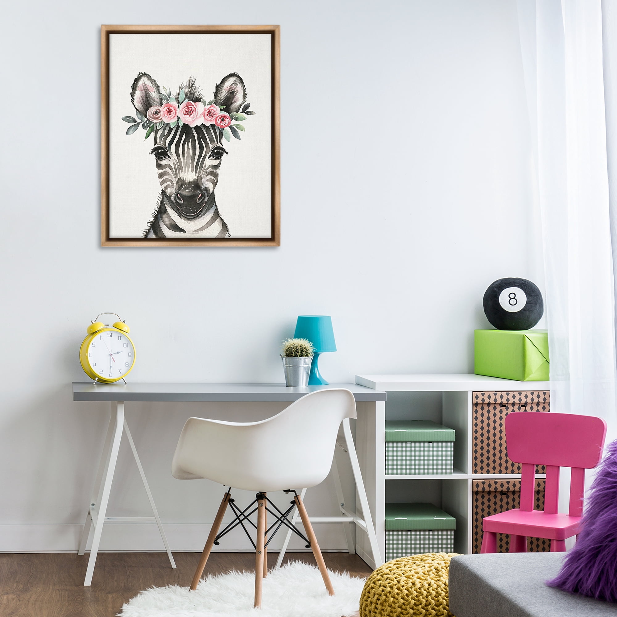 Stupell Industries Nursery Floral Zebra Animals Painting Brown Floater Framed Canvas Art Print Wall Art, 25 x 31