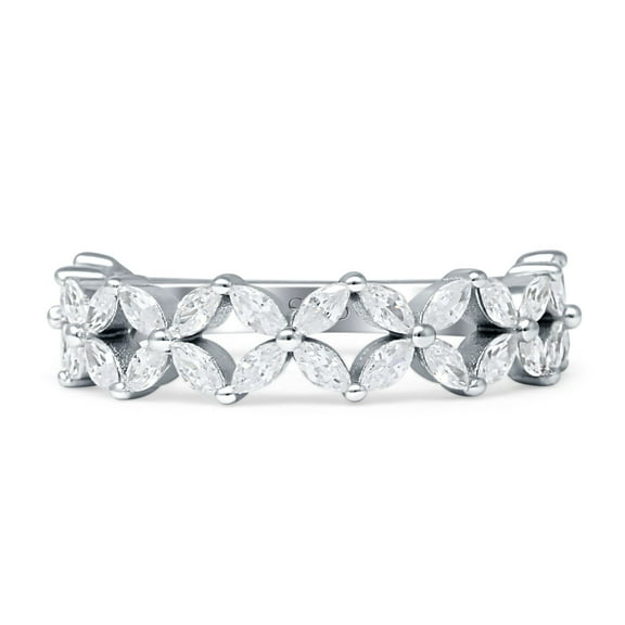 Floral Half Eternity Marquise Band Cubic Zirconia White Tone Ring 925 Sterling Silver, Size 5