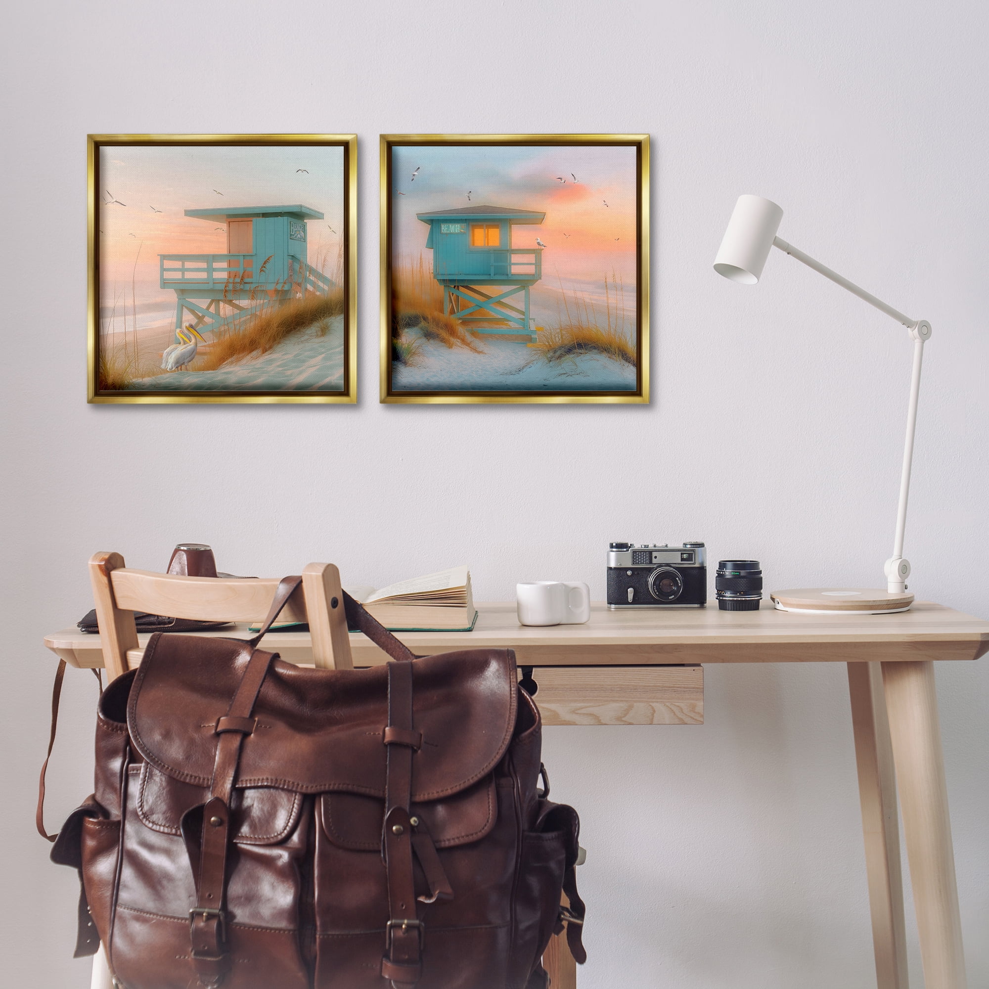 Stupell Industries Lifeguard Beach Hut Pelicans Nautical & Beach Painting Gold Floater Framed Canvas Art Print Wall Art, 18 x 18, Set of 2