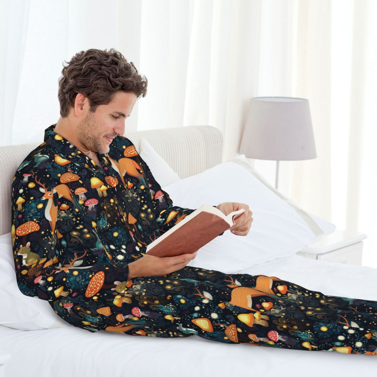 Naloa Forest Elf Men’s Pajamas Set - Long Sleeve Button Down Sleep Shirt and Pajama Bottoms Sleepwear Set-Medium