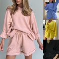 thumbnail image 2 of OUSITAID Solid Color Women Suit Drawstring O Neck Long Sleeve Top Shorts Suit for Daily Wear, 2 of 8