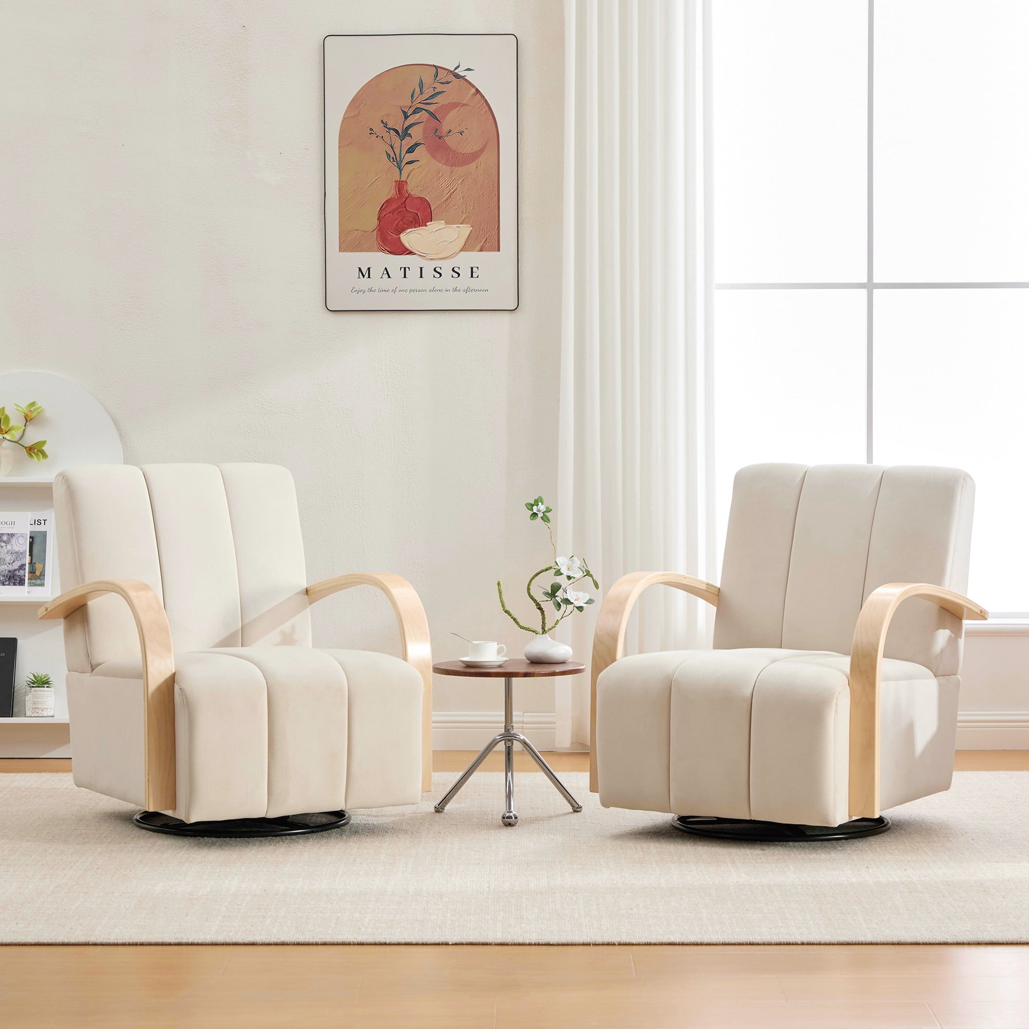 360° Swivel Accent Chair with Solid Wood Armrests,30.7"W Velvet Lounge Reading Chair Single Sofa Armchair for Bedroom Living Room Office,Beige