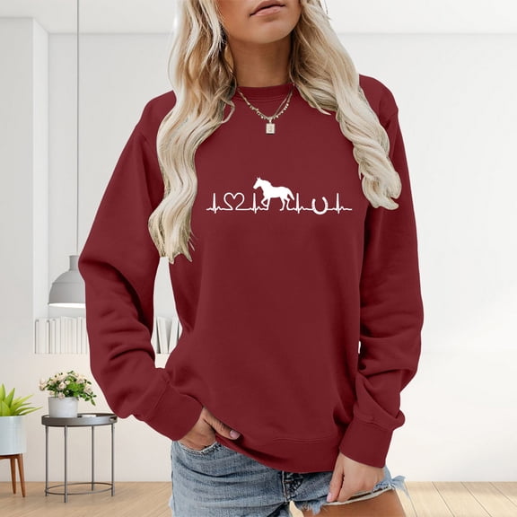 HLKJKLS Oversized Sweatshirt For Women Horse Heartbeat Graphic Sweatshirt Long Sleeve Crew Neck Pullover Tops Horse Lover Red S-3Xl