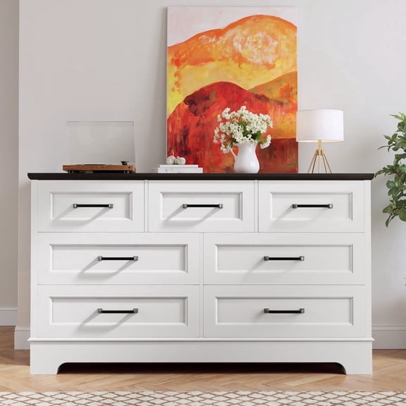 Homall 7-Drawer Wood Dresser for Bedroom, Large Storage Cabinet with Anti-Tip Safety and Modern Arch Design, Classified Storage Organizer Chest for Living Room, Hallway, Black and White