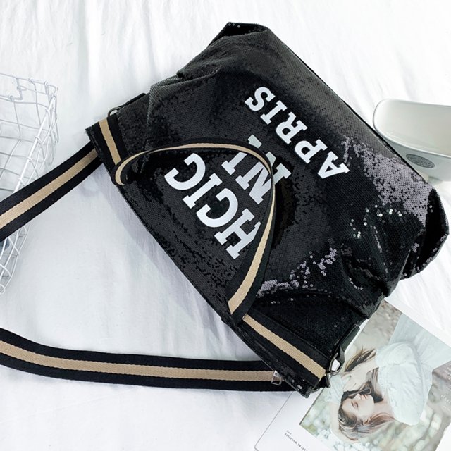 Bolsa de compras cruzados con lentejuelas y letras para mujer, de hombro grande (negro) Likrtyny Para Estrenar