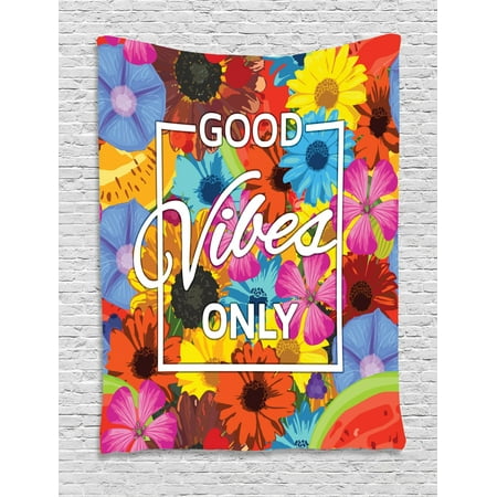 Good Vibes Tapestry, Exotic Blossoming Flowers in Lively Colors Spring Summer Season Tropic Accents, Wall Hanging for Bedroom Living Room Dorm Decor, 40W X 60L Inches, Multicolor, by