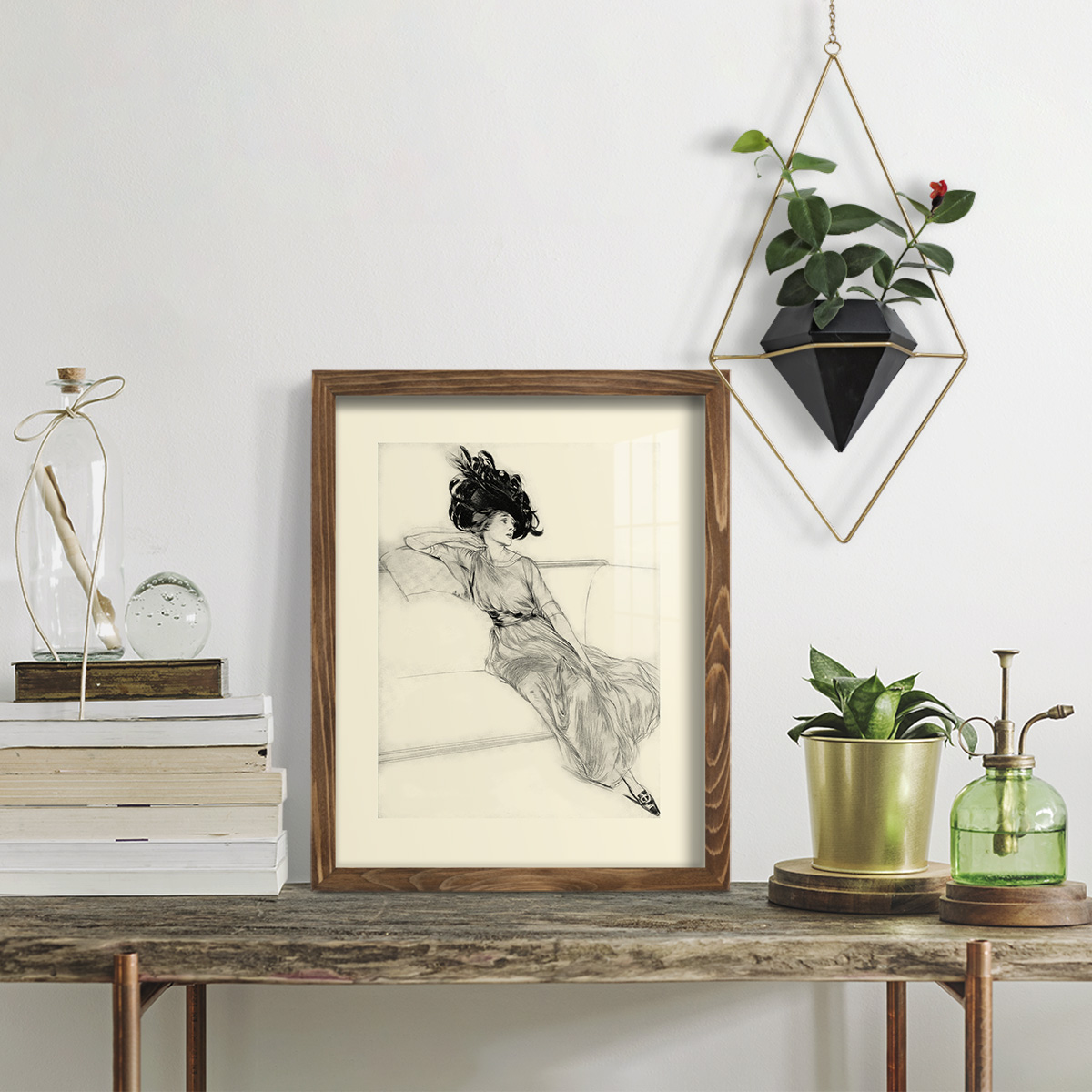 Feather Hat I -Framed Print w/glass-Walnut