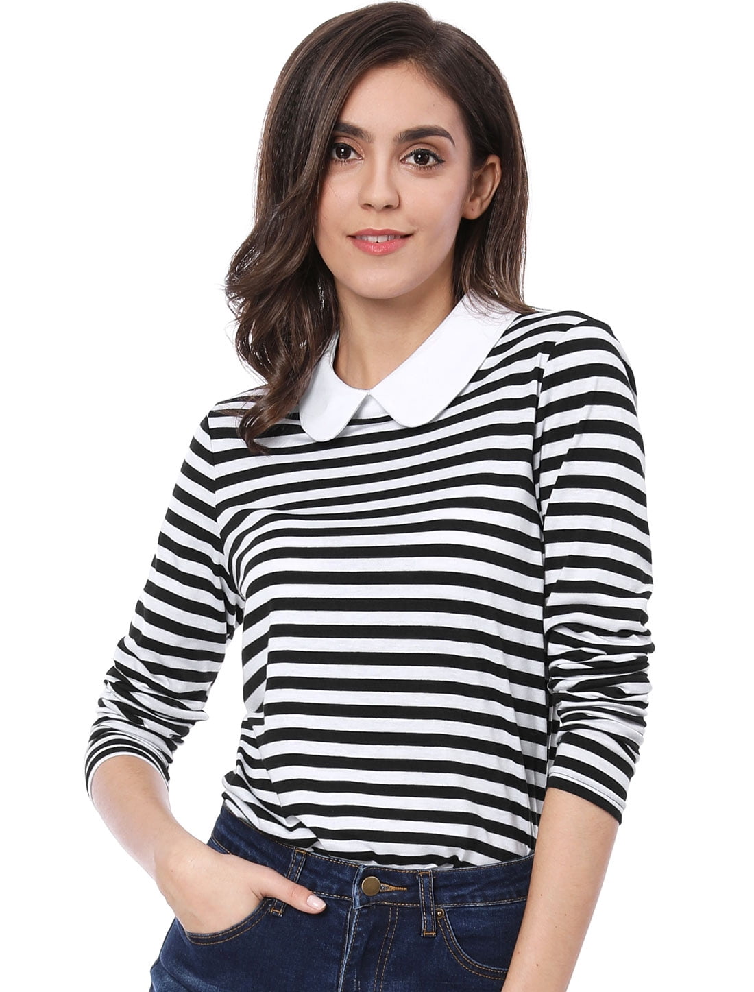 DARING DIVA Peter Pan Collar Striped Top S Black