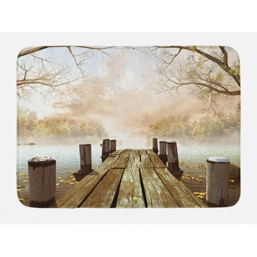 Autumn Bath Mat, Old Wooden Jetty on a Lake with Fallen Leaves and Foggy Forest in Distance, Non-Slip Plush Mat Bathroom Kitchen Laundry Room Decor, 29.5 X 17.5 Inches, Pale Brown Green Tan, Ambesonne