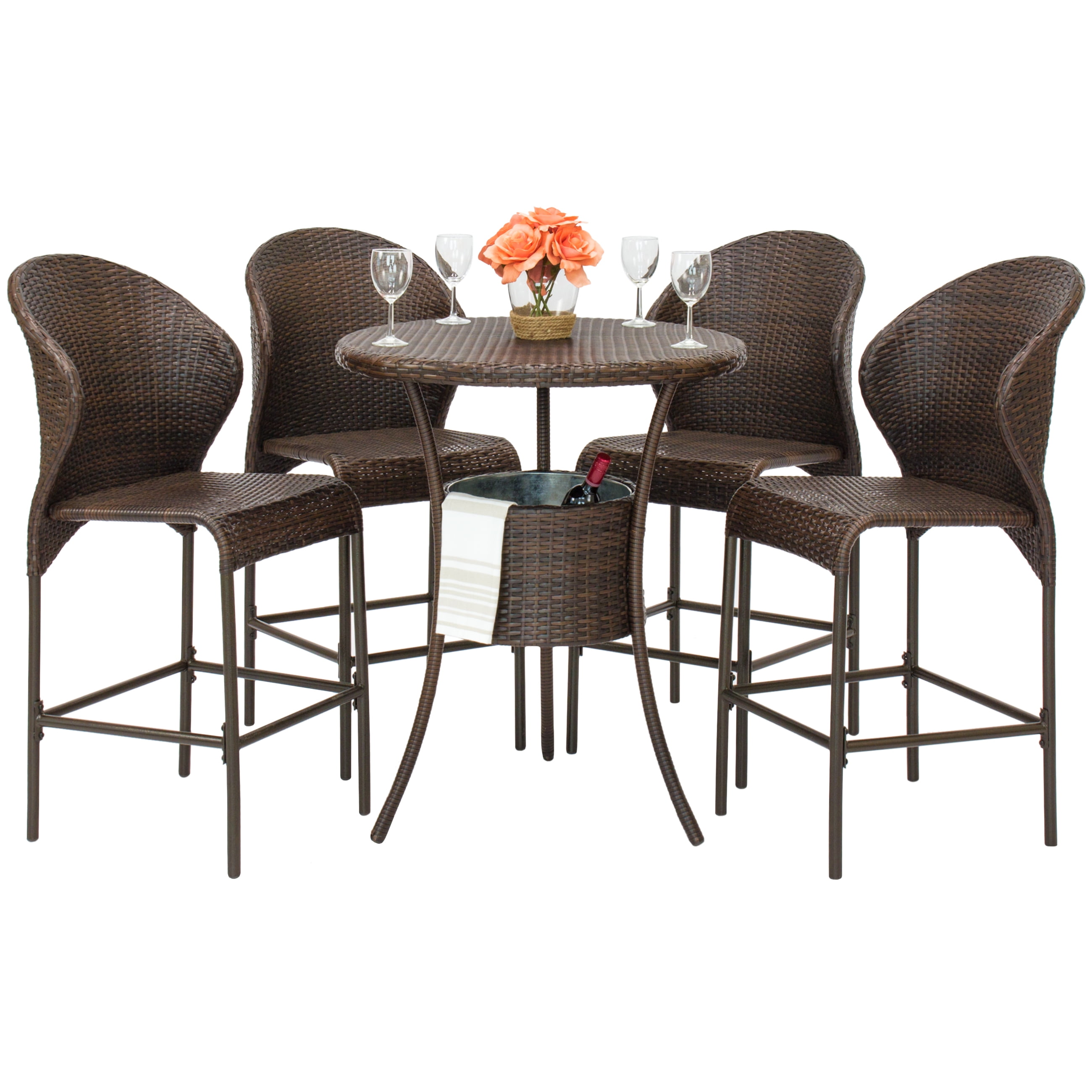 Best Choice S 5 Piece Outdoor Patio Furniture Wicker Bistro Bar Table Set W Ice Bucket Brown