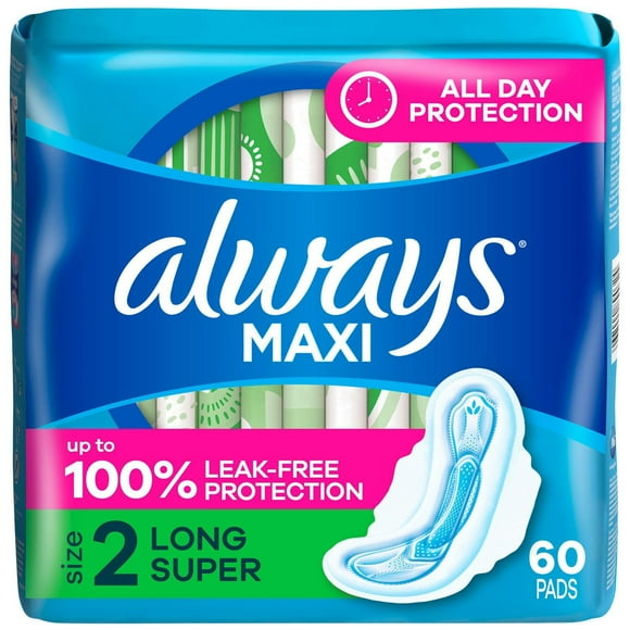 Always Maxi Feminine Pads with Wings for Women, Size 2, Long Super Absorbency, Unscented, 60CT