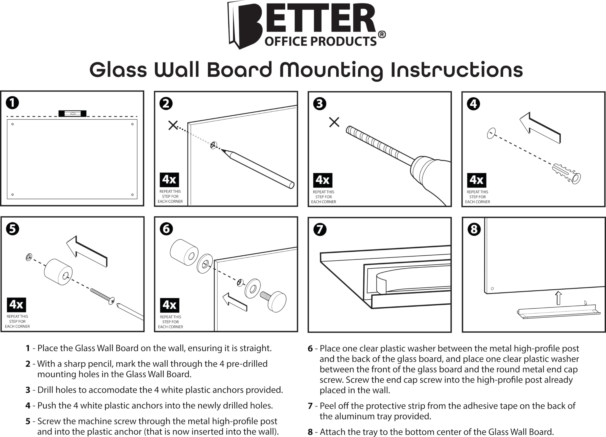 Real Glass Dry Erase Board, 18" x 24", Bright White Tempered Glass Surface, Frameless Wall Mount, with 4 Assorted Color Markers and Eraser, by Better Office Products