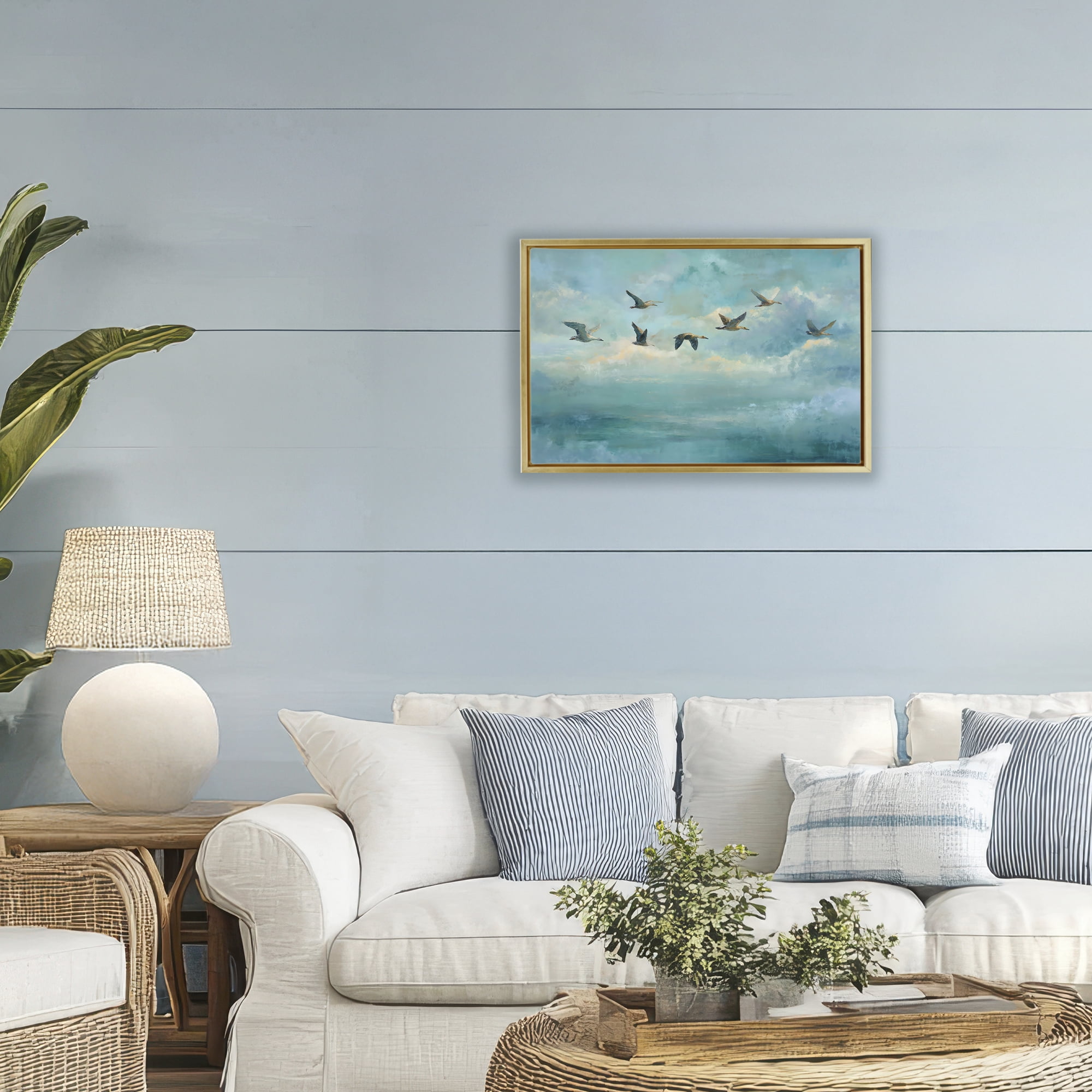 Stupell Industries Blue Skies Geese Gold Framed Floater Canvas Wall Art, design by Petal Prints Design