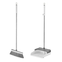 Broom with Dustpan Combo Set 54" Long Handle Adjustable Length Stainless Steel Broomstick Standing Dust Pan and Broom Set for Office Home Kitchen Lobby Floor Cleaning (White)