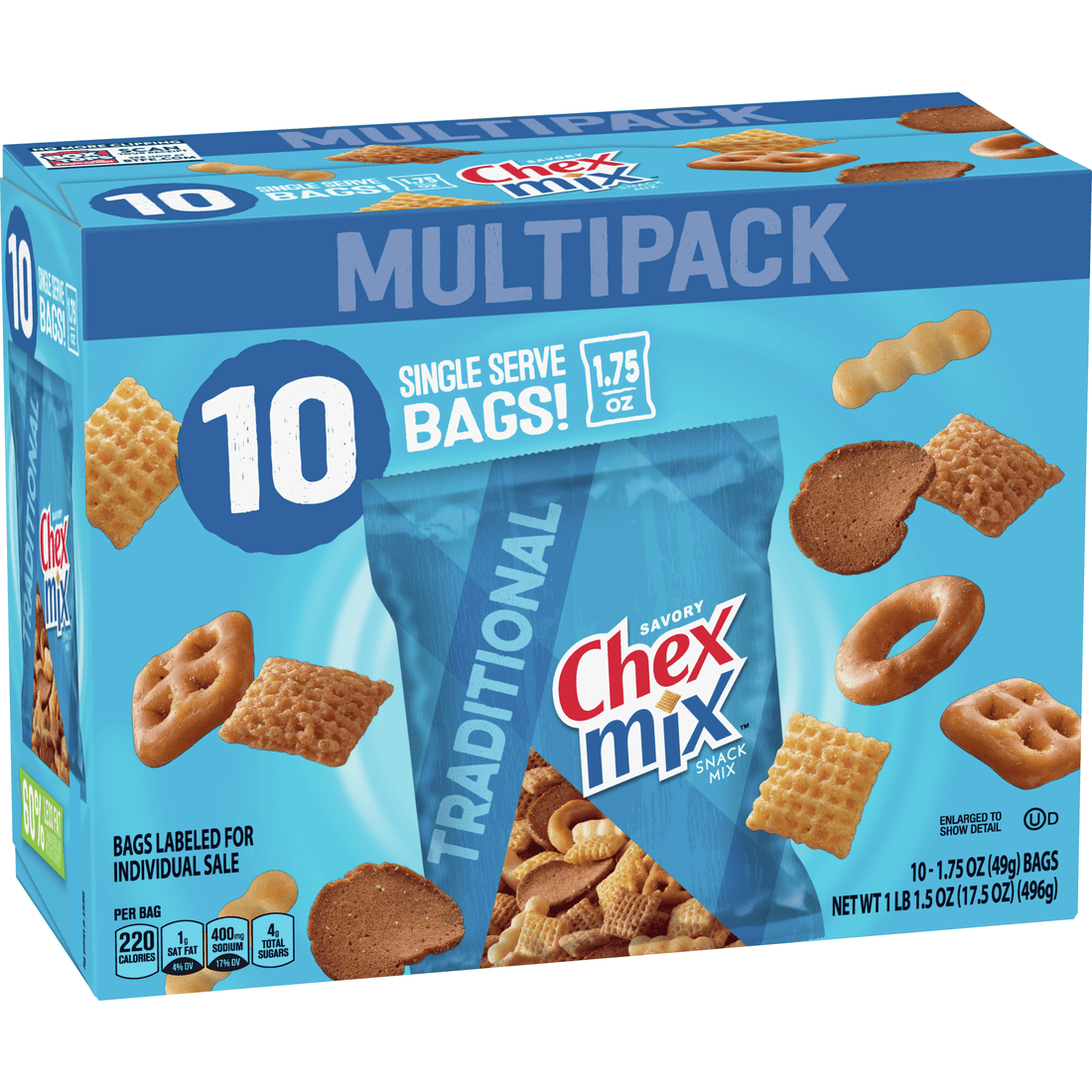 Chex Mix Snack Mix, Traditional, 1.75 oz Bags, 10 Count