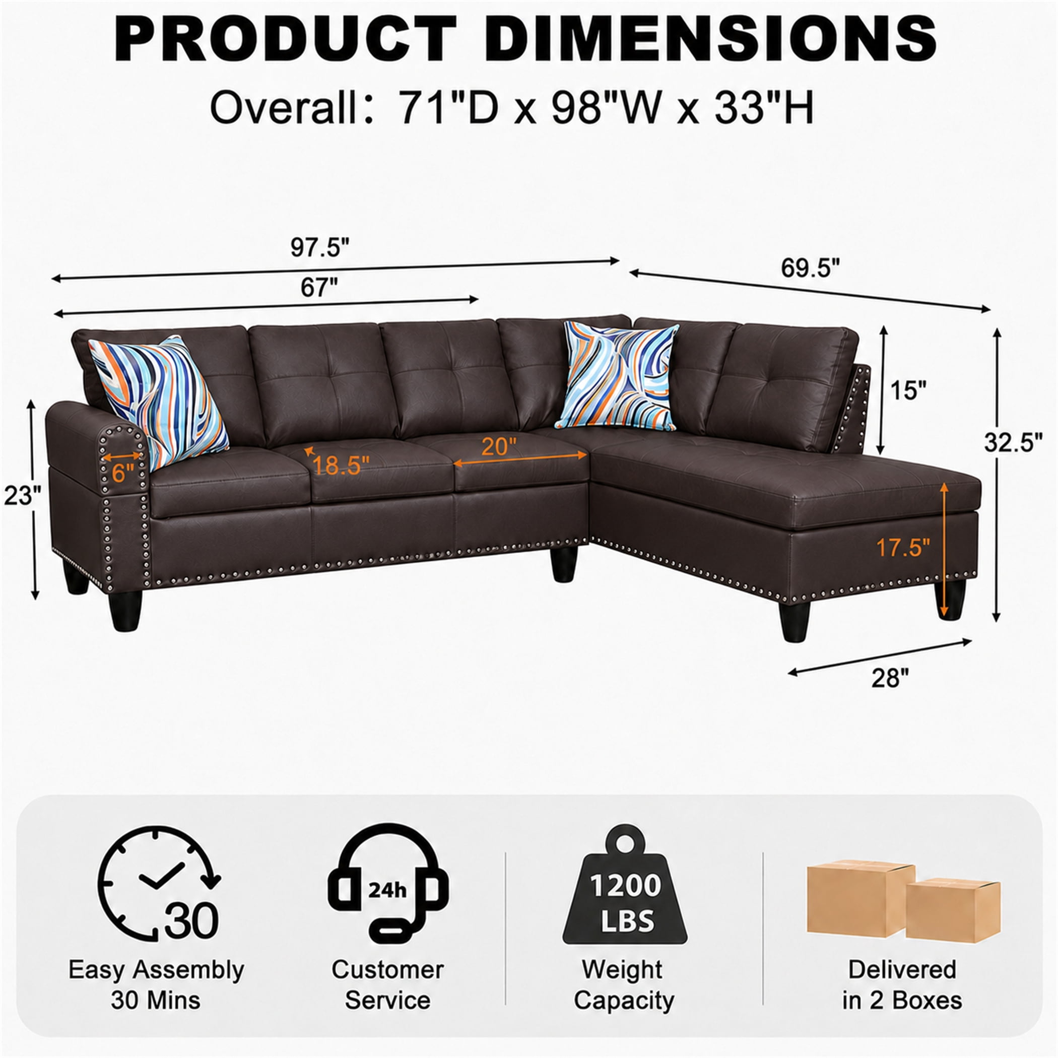 Aukfa 98" L Shaped Sectional Couch with Cup Holder Console, Tufted Back&Nailhead Trim, Oversized Right Chaise Leather Sofa for Living Room, Brown