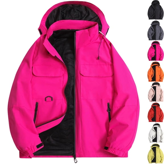 Men's Windproof Softshell Jacket 3-in-1 Fleece Lined Waterproof Warm Winter Coat for Hiking Travel Climbing with Hood and Zip Pockets, Hot Pink, S