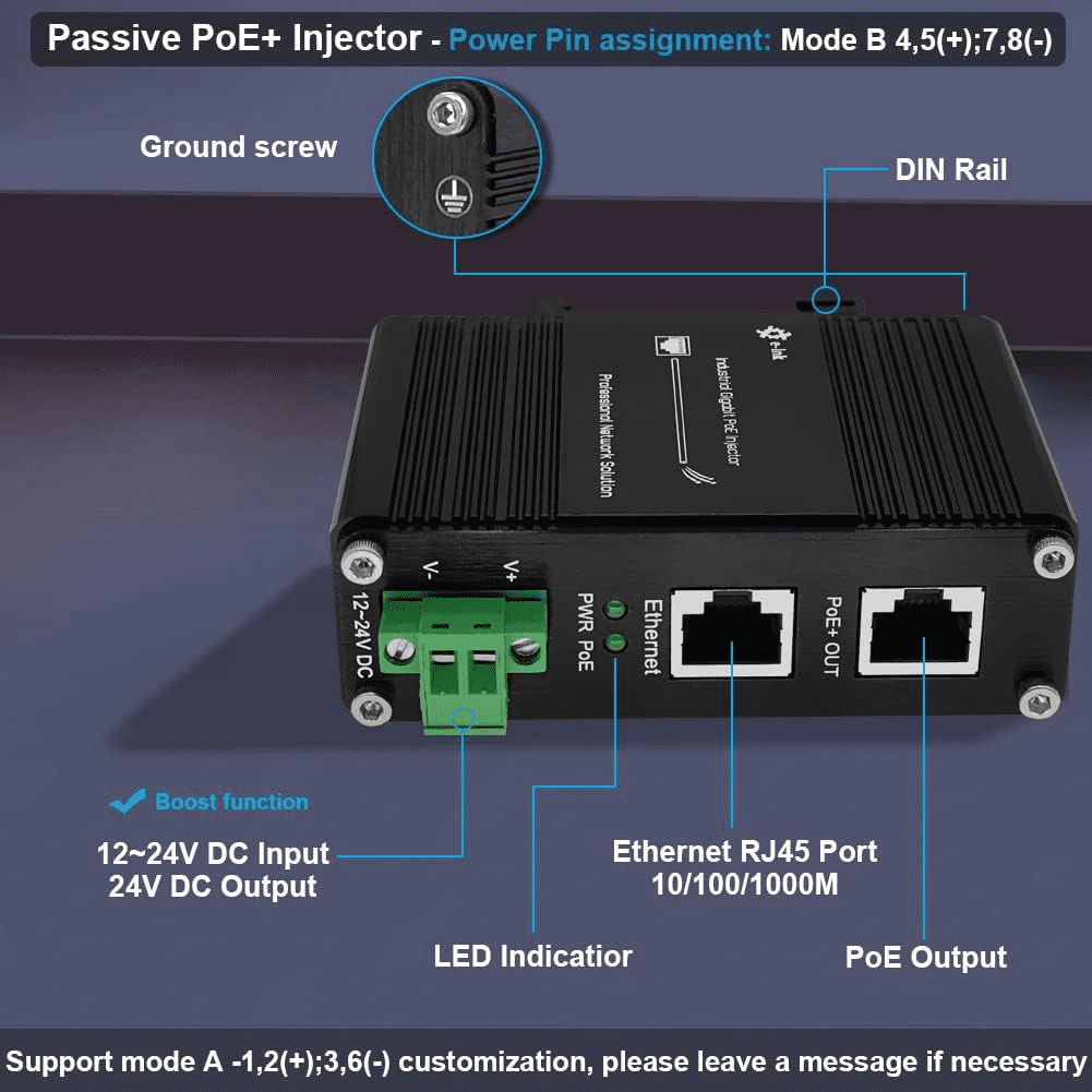 Industrial Gigabit Passive PoE Injector Hardened POE Adapter with 12-24V DC Input 24V PoE Output DIN- Rail/Wall Mount