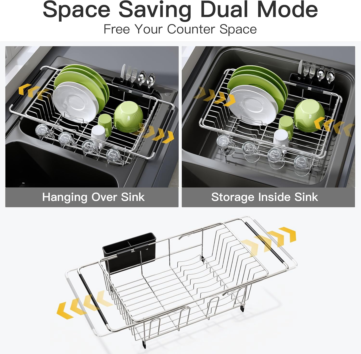 MMIZTFC Dish Drying Rack in Sink, Expandable Stainless Steel Dish Drainers for Kitchen Counter, Dish Dryer Rack for Inside Sink, Over The Sink Dish Racks with Utensil Holder, Silver
