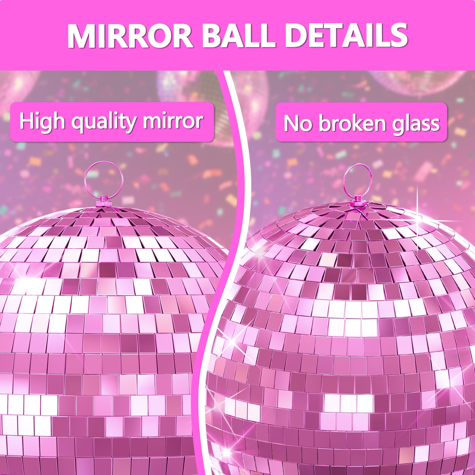 Baellsa 16" Mirror Disco Ball for DJ Club Party Live Stage Wedding Home Decor, Light Effect Mirror Ball with Hanging Ring (Pink)