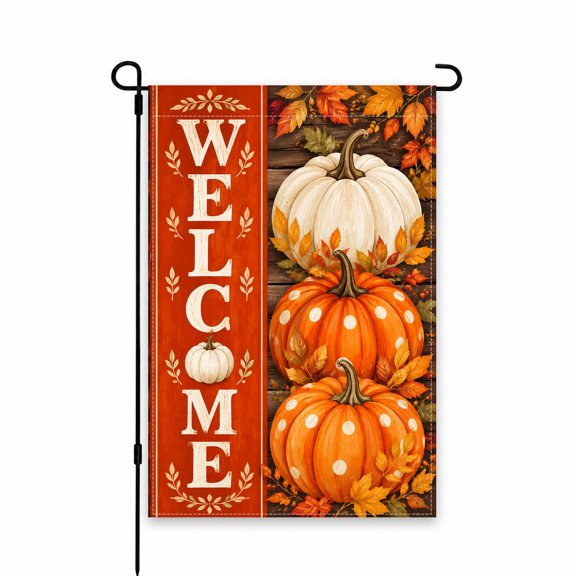 Welcome Fall Garden Flag with Pumpkins, Autumn Leaves, and Rustic Wood Background, 12 x 18 Inch Yard Flag for Outdoor Patio Lawn Porch Decor