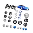 thumbnail image 4 of Artículos para fiestas de autos de carreras azules, decoración para tartas con bandera a cuadros y diseño de neumáticos para cumpleaños., 4 of 9