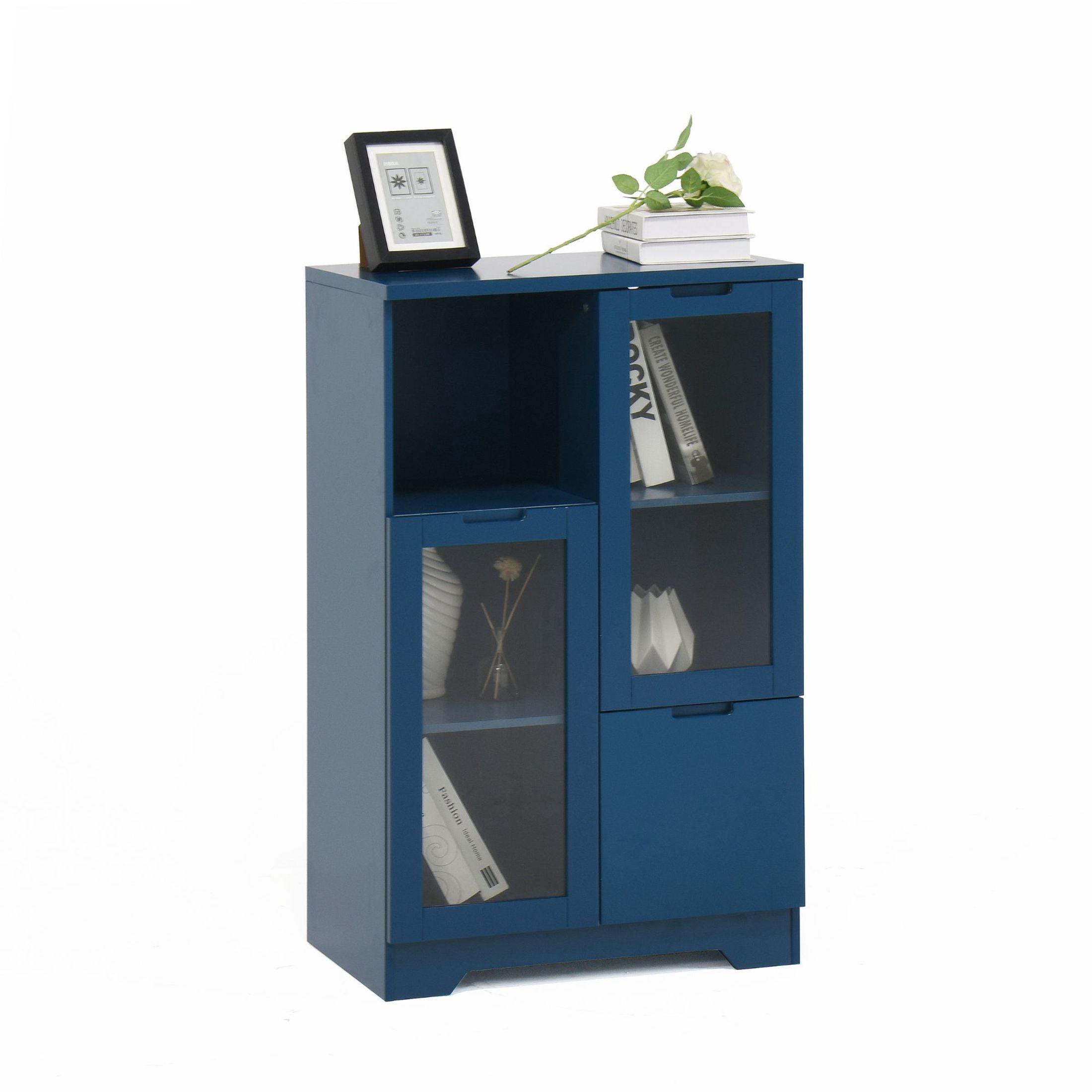 Noble House Storage Cabinet with Glass Doors and Drawer, Adjustable Shelves, Navy Blue