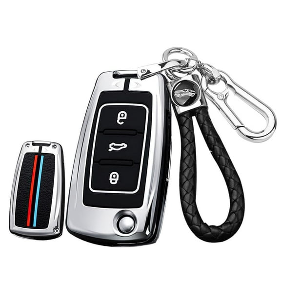 Metal Key Fob Jacket Fit for VW Remote Car Key Sleeve with Keychain Key Cover Fit for Volkswagen Jetta Tiguan Passat Polo Beetle Golf Golf GTI/R/MK6 Key Remote