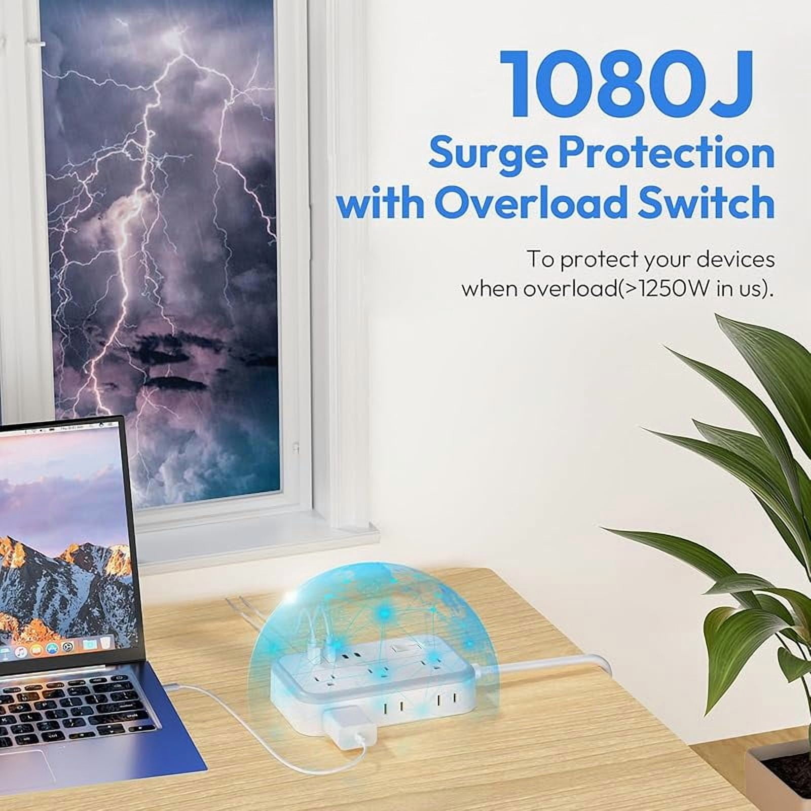 15 ft Extension Cord Power Strip – Surge Protector with 6 Outlets, 4 USB Ports (2 USB-C), Flat Plug, 1080-Joule Protection for Home, Office, Dorm Room Essentials